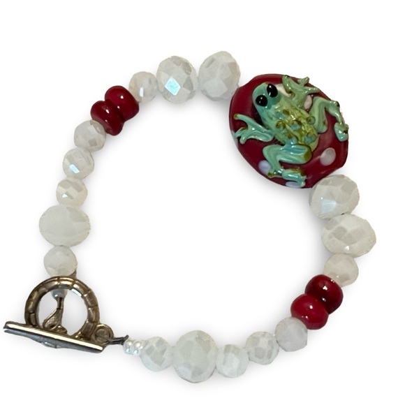 Blown Glass Art Frog Bracelet with Stone, Pearl and Ceramic Beads - Picture 3 of 7